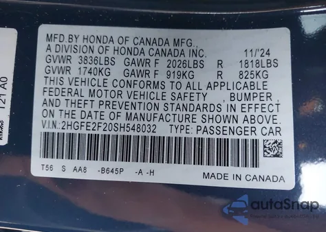 2025 Honda Civic Lx from USA, damaged, VIN 2HGFE2F20SH548032